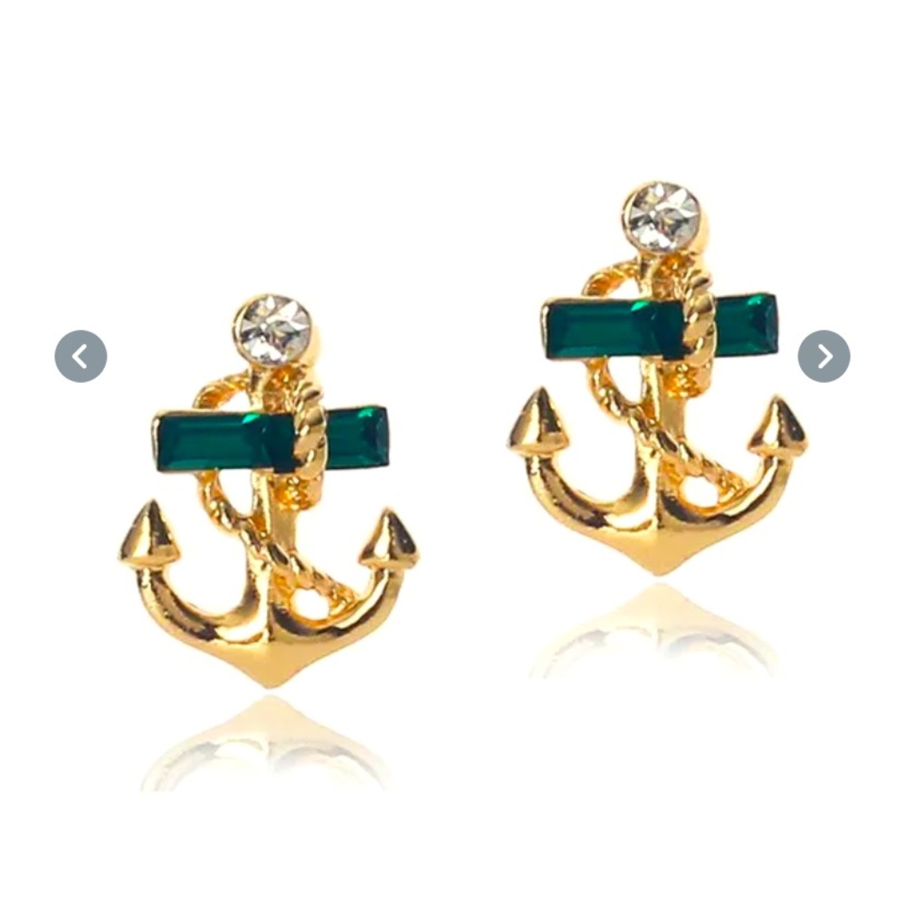 Dainty Anchor earrings with green accent and rhinestone